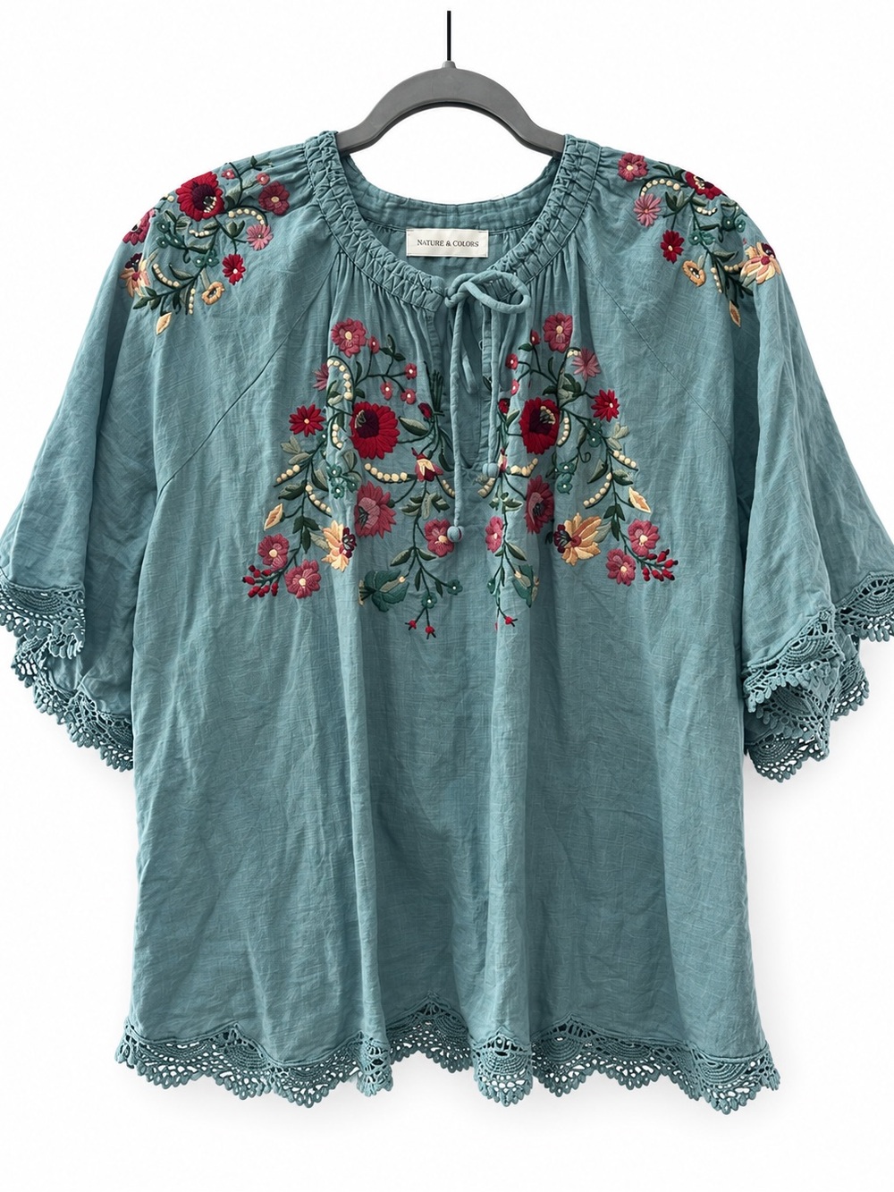 Jennifer & Grace Embroidered Teal Peasant Blouse with Tie Neck Size 1X